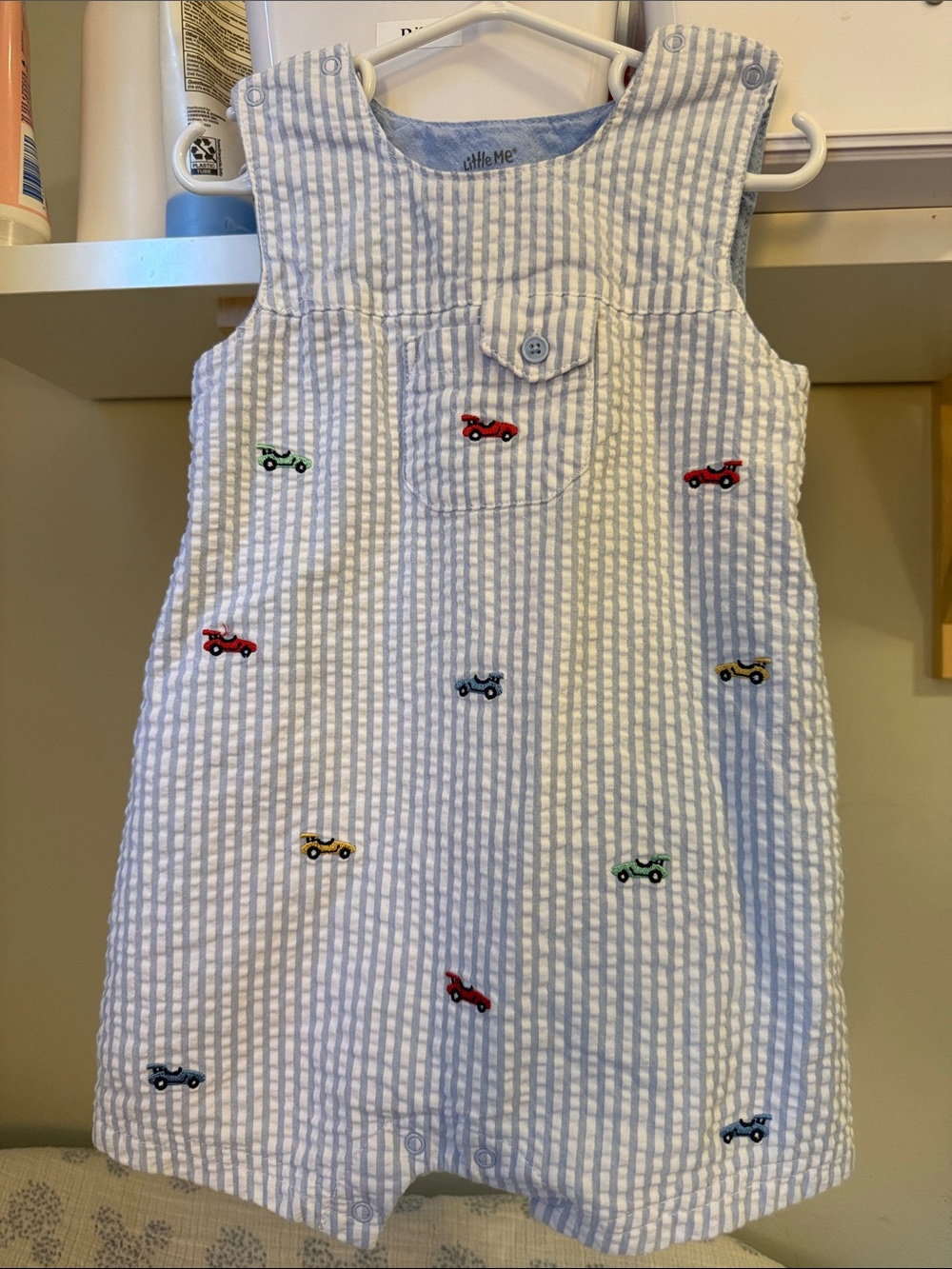 Little Me Blue & White Striped Seersucker Romper with Car Embroidery
